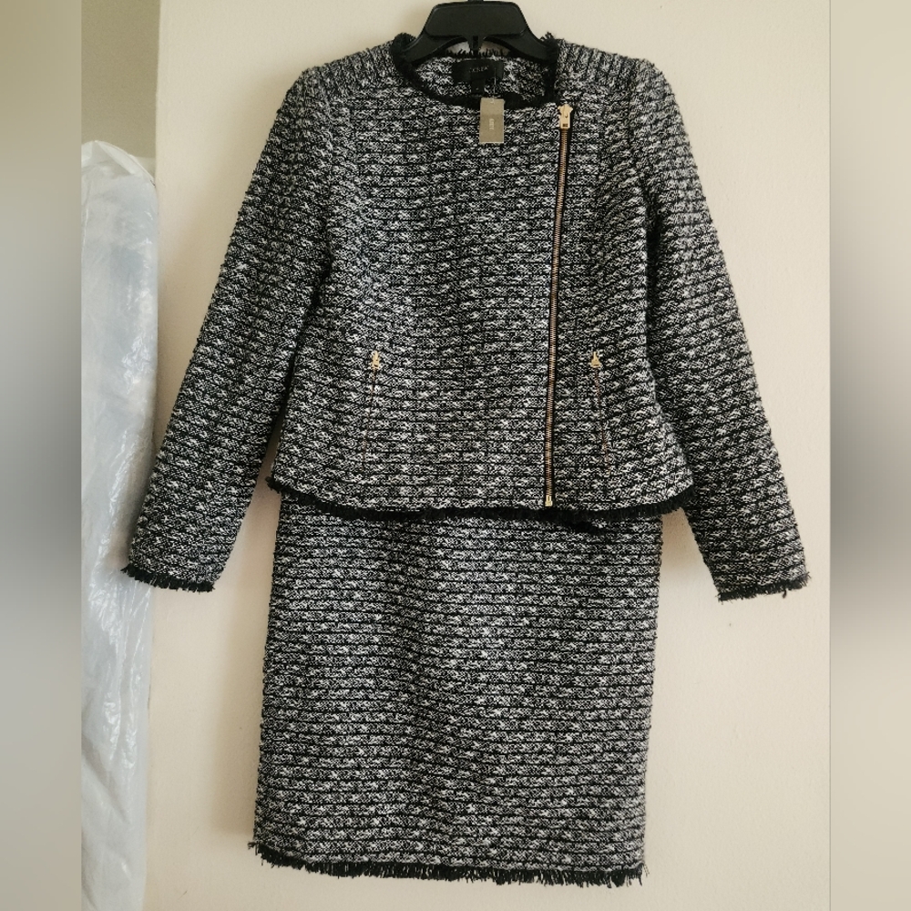 J.crew set woven Tweed Fringe Cropped Jacket/Blazer 4 & skirt 2 navy/off white